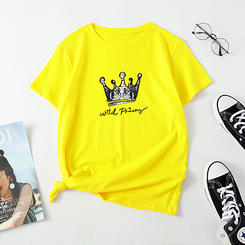 

Women's T shirt Graphic Letter Print Round Neck Tops Cotton Basic Basic Top White Blue Red