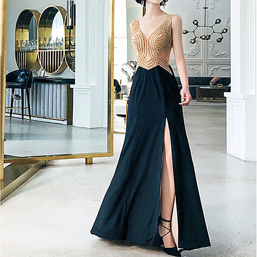 

Mermaid / Trumpet Luxurious Sexy Engagement Formal Evening Dress V Neck Sleeveless Floor Length Spandex with Crystals 2021