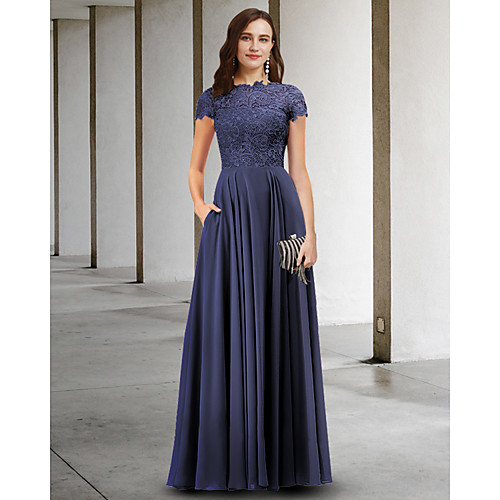 

A-Line Mother of the Bride Dress Elegant Jewel Neck Floor Length Chiffon Lace Short Sleeve with Pleats Appliques 2021