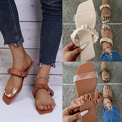 

Women's Sandals Flat Heel Square Toe PU Solid Colored Champagne Beige