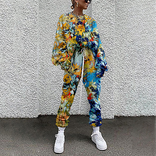 

Women's Basic Streetwear Floral Oil Painting Vacation Casual / Daily Two Piece Set Tracksuit T shirt Pant Loungewear Jogger Pants Drawstring Print Tops