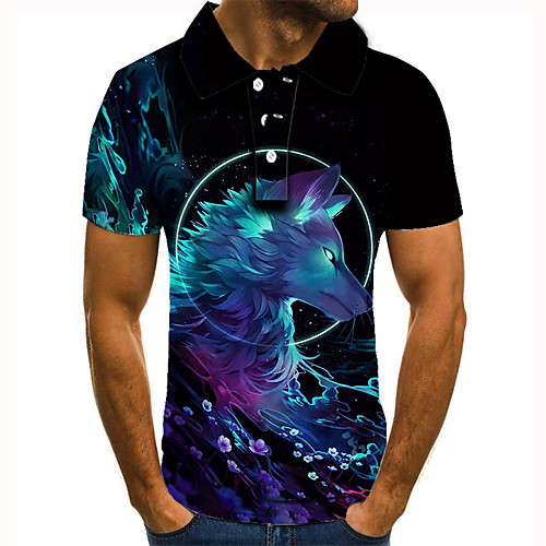 

Men's Golf Shirt 3D Print Graphic Prints Wolf Animal Button-Down Short Sleeve Street Tops Casual Fashion Cool Blue / Sports