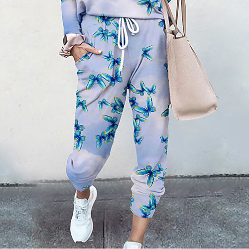 

Women's Basic Soft Comfort Going out Gym Palazzo Pants Butterfly Graphic Prints Full Length Elastic Drawstring Design Print Blue