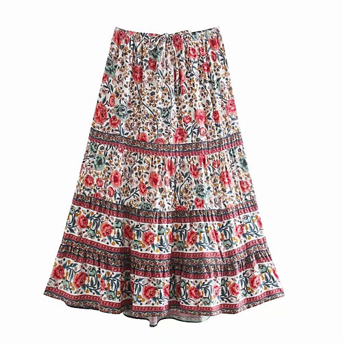 

Women's Holiday Date Vintage Boho Skirts Floral Graphic Ruffle Print Red