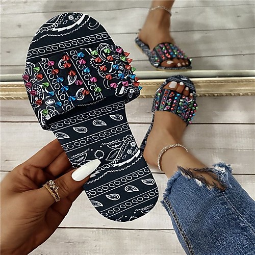 

Women's Sandals Flat Heel Round Toe PU Rivet Color Block Black Red Blue