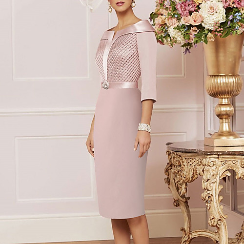 

Sheath / Column Mother of the Bride Dress Elegant Jewel Neck Knee Length Satin 3/4 Length Sleeve with Sash / Ribbon Crystal Brooch 2021