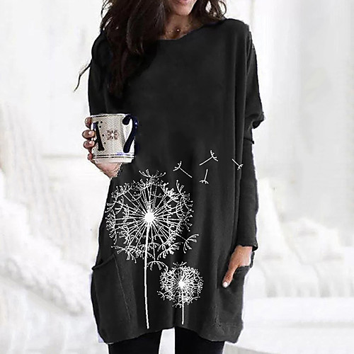 

Women's T shirt Dress Graphic Dandelion Long Sleeve Round Neck Tops Basic Basic Top White Black Fuchsia
