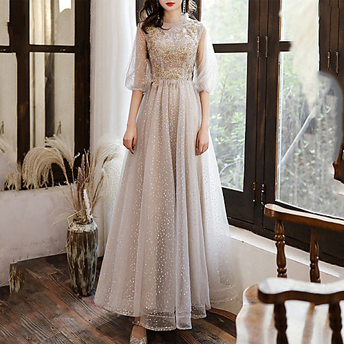 

A-Line Sparkle Elegant Engagement Formal Evening Dress High Neck Half Sleeve Ankle Length Tulle with Sequin Appliques 2021 / Puff Balloon Sleeve