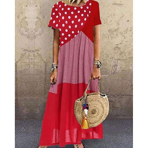 

Women's Swing Dress Maxi long Dress Red / White Blue Red Golden / White Short Sleeve Polka Dot Color Block Patchwork Print Spring Summer Round Neck Casual 2021 S M L XL XXL 3XL