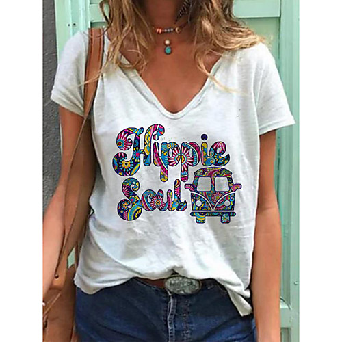 

Women's T shirt Letter Print V Neck Tops Cotton Basic Basic Top White