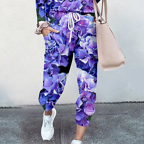 

Women's Basic Soft Comfort Going out Gym Palazzo Pants Graphic Flower / Floral Full Length Elastic Drawstring Design Print Purple