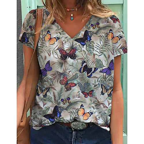 

Women's T shirt Floral Graphic Butterfly Print V Neck Tops Basic Basic Top White Blushing Pink