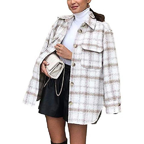 

qiaomai women's tweed plaid wool blend lapel button midi pocketed shacket overshirt(beige-m)