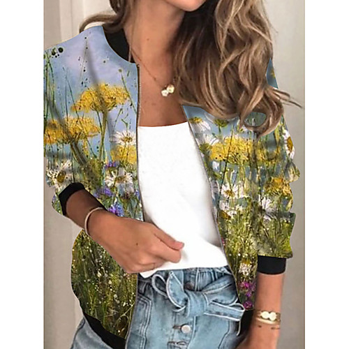 

Women's Jacket Daily Fall Spring Regular Coat Regular Fit Casual Jacket Long Sleeve Floral Print Yellow