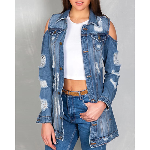 

Women's Jacket Daily Fall Winter Regular Coat Regular Fit Casual Jacket Long Sleeve Solid Colored Cut Out Blue / Denim