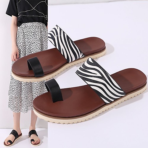 

Women's Slippers & Flip-Flops Flat Heel Open Toe PU Color Block Black / White Black Brown