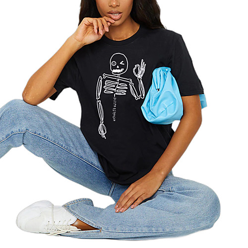 

Women's T shirt Skull Print Round Neck Tops 100% Cotton Basic Punk & Gothic Basic Top Black Green