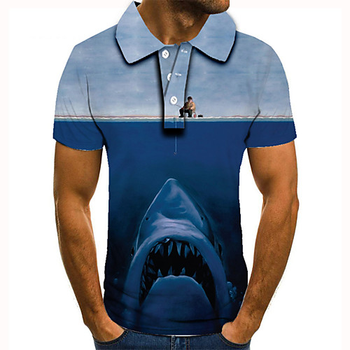 

Men's Golf Shirt Tennis Shirt 3D Print Graphic Prints Shark Animal Button-Down Short Sleeve Street Tops Casual Fashion Cool Blue / Sports