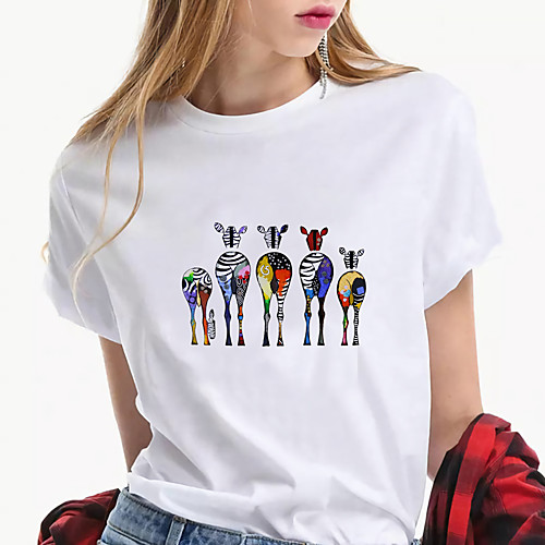 

Women's T shirt Animal Print Round Neck Tops 100% Cotton Basic Basic Top White Yellow Rainbow