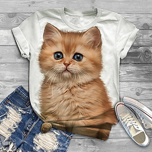 

Women's Plus Size Tops T shirt Cat Graphic Animal Print Short Sleeve Crewneck Basic White Big Size XL XXL 3XL 4XL 5XL / Holiday