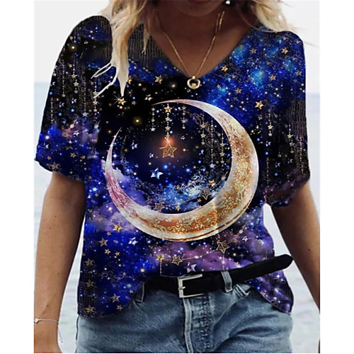 

Women's T shirt Galaxy V Neck Tops Basic Basic Top Blue