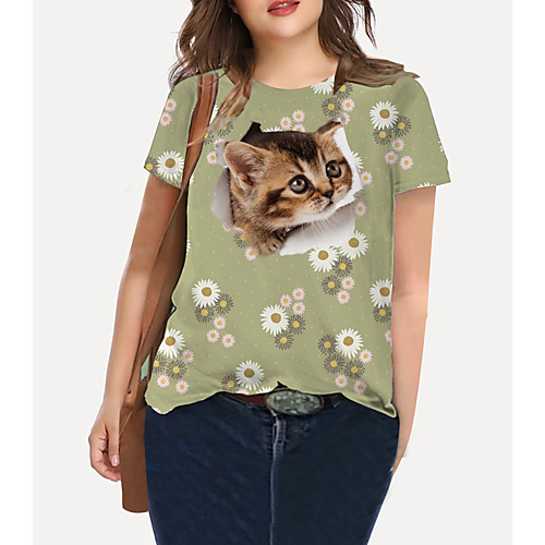 

Women's Plus Size Tops T shirt Cat Graphic Animal Print Short Sleeve Crewneck Basic Green Big Size XL XXL 3XL 4XL 5XL / Holiday / Going out