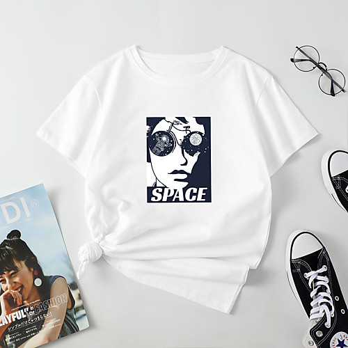 

Women's T shirt Galaxy Portrait Print Round Neck Tops Cotton Basic Basic Top White Blue Red