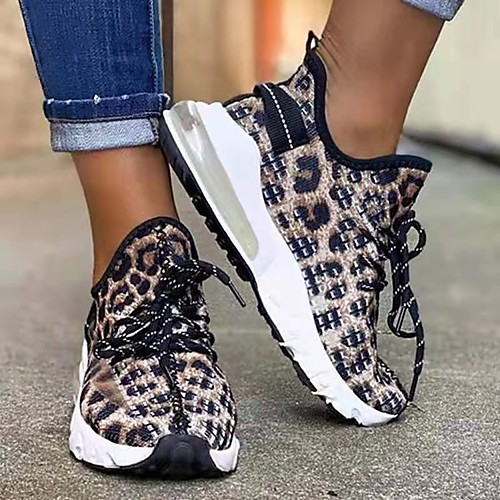 

Women's Trainers Athletic Shoes Flyknit Shoes Round Toe Running Shoes Elastic Fabric Tissage Volant Leopard Leopard Black