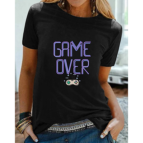 

Women's T shirt Graphic Text Print Round Neck Tops 100% Cotton Basic Basic Top Black