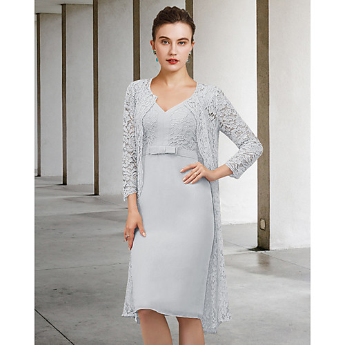 

Two Piece Sheath / Column Mother of the Bride Dress Elegant V Neck Knee Length Chiffon Lace Long Sleeve with Bow(s) 2021