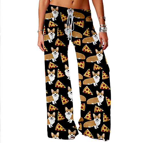 

Women's Basic Soft Comfort Daily Home Chinos Pants Dog Animal Full Length Elastic Drawstring Design Print Black