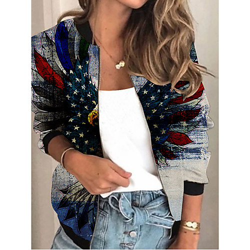 

Women's Jacket Daily Spring Summer Regular Coat V Neck Regular Fit Sporty Casual Jacket Long Sleeve Print Print Blue / Holiday