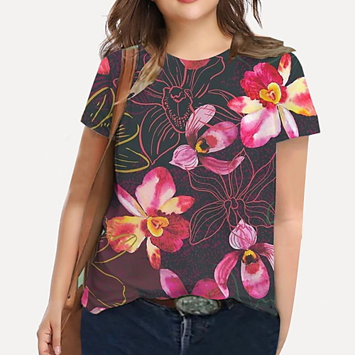 

Women's Plus Size Tops T shirt Floral Graphic Print Short Sleeve Crewneck Basic Brown Big Size XL XXL 3XL 4XL 5XL
