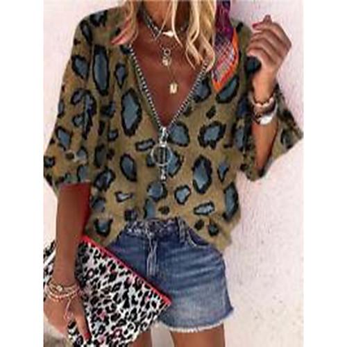 

Women's Leopard Blouse Shirt Leopard Zipper V Neck Basic Tops Camel