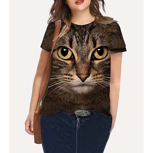 

Women's Plus Size Tops T shirt Cat Graphic Animal Print Short Sleeve Crewneck Basic Brown Big Size XL XXL 3XL 4XL 5XL / Holiday / Going out