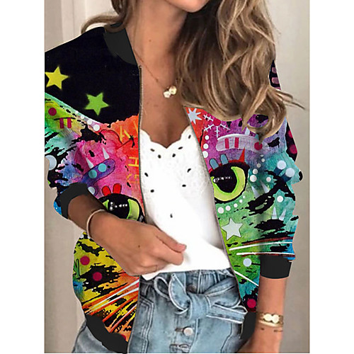 

Women's Jacket Daily Fall Spring Regular Coat V Neck Regular Fit Sporty Casual Jacket Long Sleeve Cat Print Black / Holiday