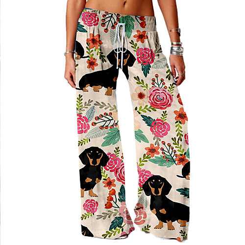 

Women's Basic Soft Comfort Daily Home Chinos Pants Dog Graphic Flower / Floral Full Length Elastic Drawstring Design Print Blushing Pink