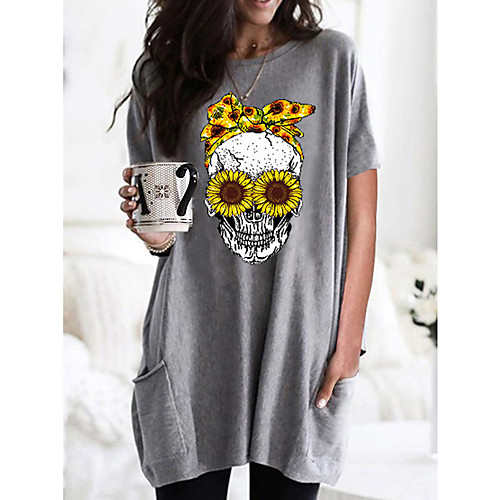

Women's T shirt Dress Graphic Skull Round Neck Tops Basic Basic Top Black Wine Army Green