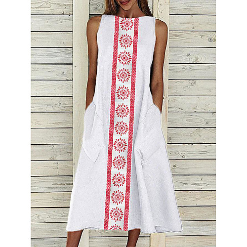 

Women's A Line Dress Midi Dress White Sleeveless Floral Geometric Print Summer Round Neck Casual Holiday Beach 2021 S M L XL XXL 3XL / Cotton / Cotton