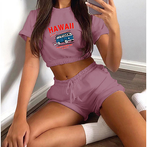 

Women's Basic Streetwear Print Letter Vacation Casual / Daily Two Piece Set Crop Top Tracksuit T shirt Loungewear Shorts Drawstring Print Tops