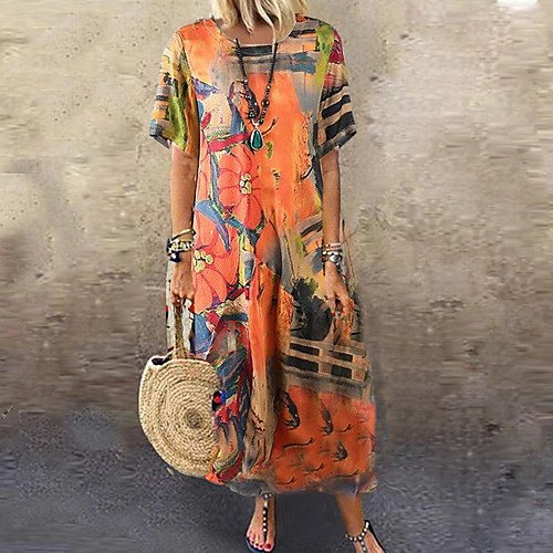 

Women's Loose Maxi long Dress Orange Short Sleeve Floral / Botanical Summer Round Neck Elegant & Luxurious Casual Loose 2021 M L XL 2XL 3XL 4XL