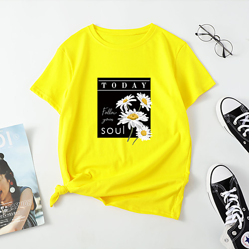 

Women's T shirt Daisy Letter Print Round Neck Tops Cotton Basic Basic Top White Blue Red