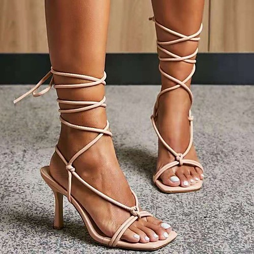 

Women's Sandals Lace up High Heel Open Toe PU Solid Colored Almond Black
