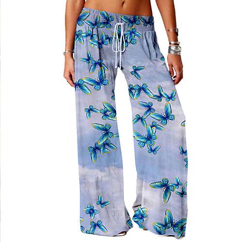 

Women's Basic Soft Comfort Daily Home Wide Leg Pants Butterfly Graphic Prints Full Length Elastic Drawstring Design Print Blue
