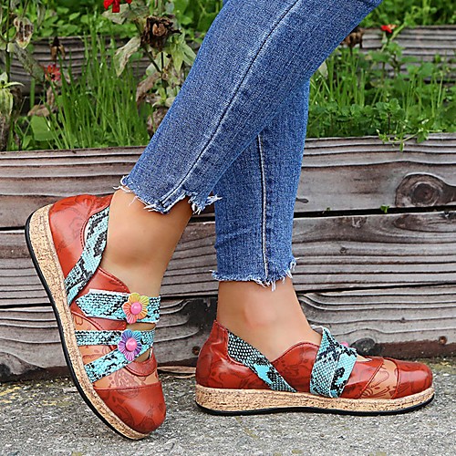 

Women's Sandals Comfort Shoes Flat Heel Round Toe PU Flower Floral Light Red