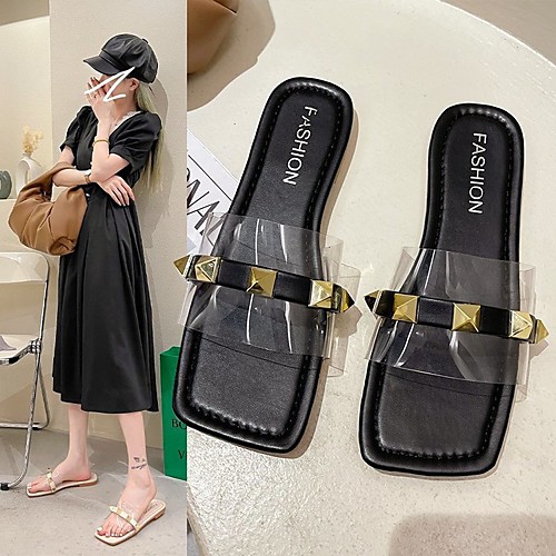 

Women's Sandals Outdoor Slippers Flat Heel Square Toe PU Black Green Beige