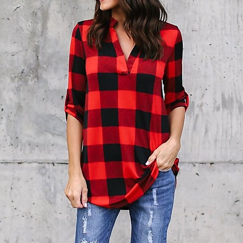 

Women's Blouse Plaid Long Sleeve V Neck Basic Tops White Red Green