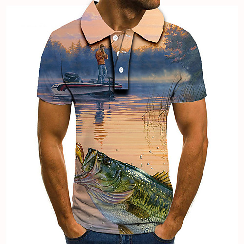 

Men's Golf Shirt 3D Print Graphic Prints Fish Human Button-Down Short Sleeve Street Tops Casual Fashion Cool Yellow / Sports