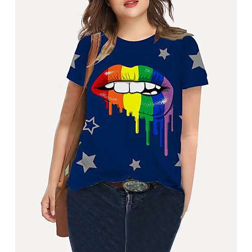 

Women's Plus Size Tops T shirt Graphic Mouth Print Short Sleeve Crewneck Basic Blue Big Size XL XXL 3XL 4XL 5XL / Holiday / Going out
