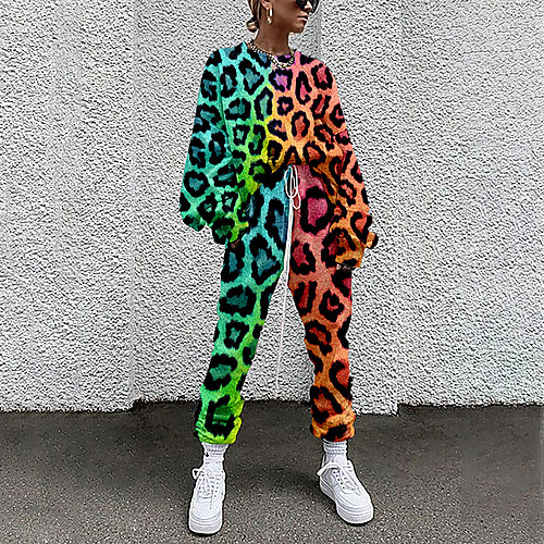 

Women's Basic Streetwear Leopard Vacation Casual / Daily Two Piece Set Crew Neck Tracksuit T shirt Pant Loungewear Jogger Pants Drawstring Print Tops / Loose